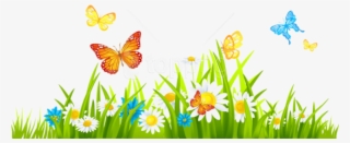 Free Png Download Grass Ground With Flowers And Butterflies - Grass With Flower Clipart #9519307