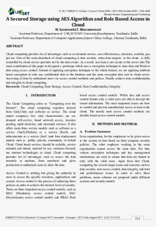 A Secured Storage Using Aes Algorithm And Role Based - Document #9575576