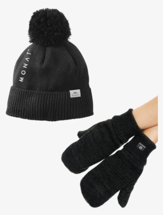 Knitted Pom Pom And Mittens Set - Beanie #9622961