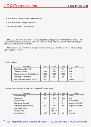 600mw High Power Red Laser Diode - Document #9670608
