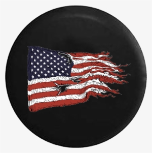 Tattered American Flag Distressed Jeep Camper Spare - Full Color Sunset Or Sunrise At The Ocean With The #971771 Tattered American Flag Distressed Jeep Camper Spare - Full Color Sunset Or Sunrise At The Ocean With The #971771
