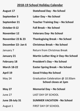 2018-2019 Holiday Calendar - Document #9736737