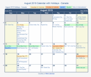 Print Friendly August 2019 Canada Calendar For Printing - Holidays In December 2018 #9777194