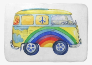 Old-fashioned Yellow Hippie Сamper Bus, Painted In - Watercolor Painting #992888